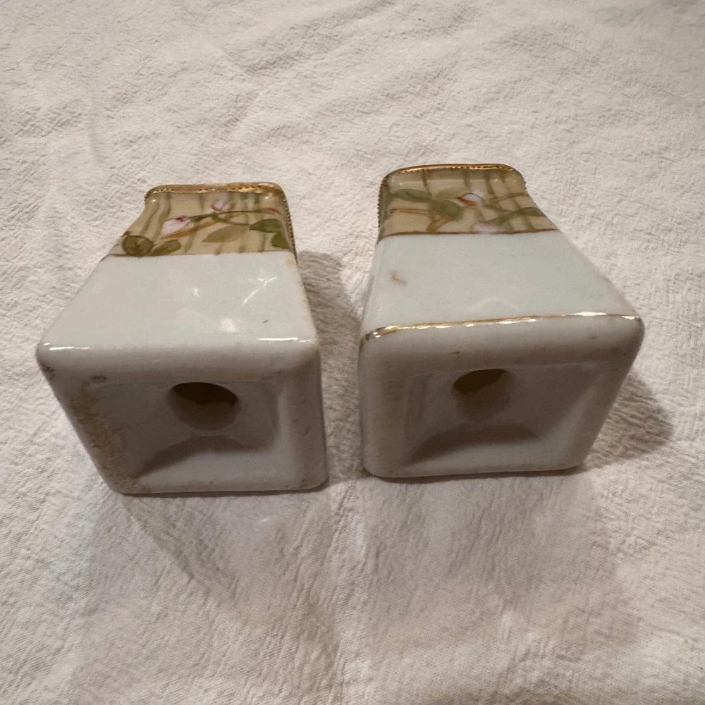 Vintage Nippon Hand Painted Floral Porcelain Salt and‎ Pepper Shakers Gold Trim